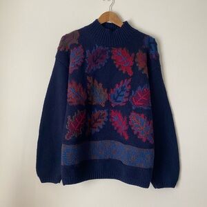 Brooks Brothers Vintage Navy Wool Mockneck Sweater with Vibrant Leaf Pattern
